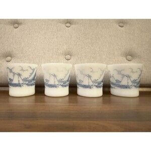 Vintage Currier &‎ Ives Sailboat Milk Glass Coffee Mugs - Set of 4